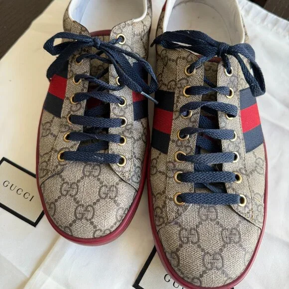 Gucci Ace GG Supreme Sneakers Men’s Size 8.5 Beige Red Blue Stripe - Picture 1 of 10